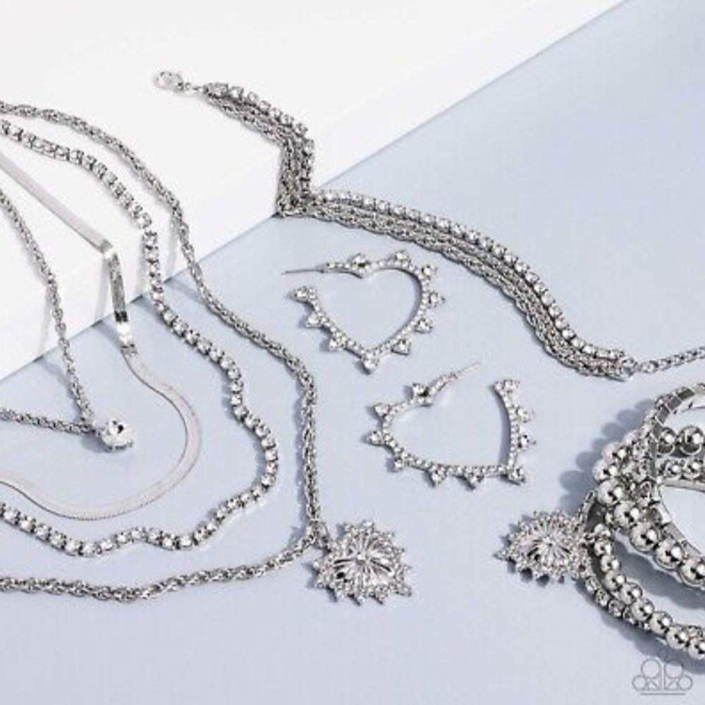 paparazzi Silver-Tone Layered Necklace Set with Sparkling Heart Hoops